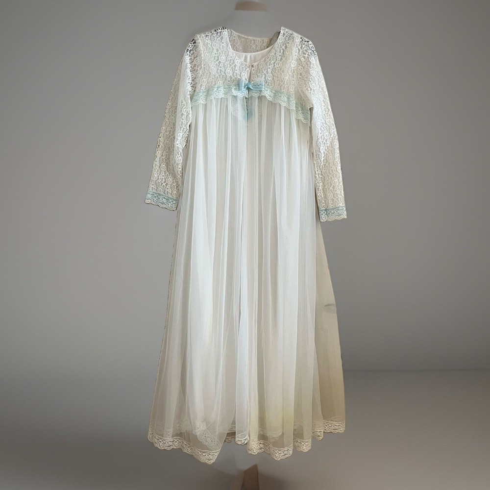 VTG Miss Elaine Peignoir Set White Nylon Sheer Chiffon 50s-70s Union Made Bow